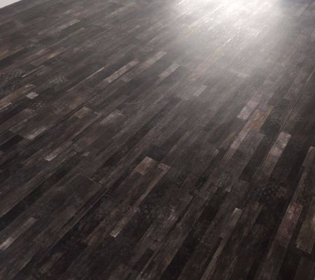 Reclaimed dark strip wood LVT flooring installed in bright room with natural light and modern interior