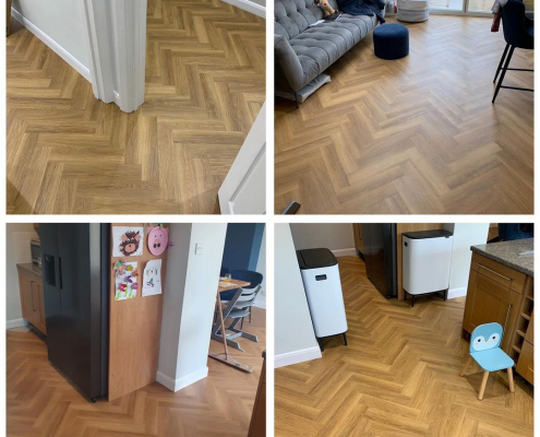 Montage of honey oak herringbone LVT flooring showing kitchen, seating area and doorway flow in Surrey home