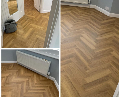 Montage of honey oak herringbone LVT flooring in hallway and living areas of Surrey home