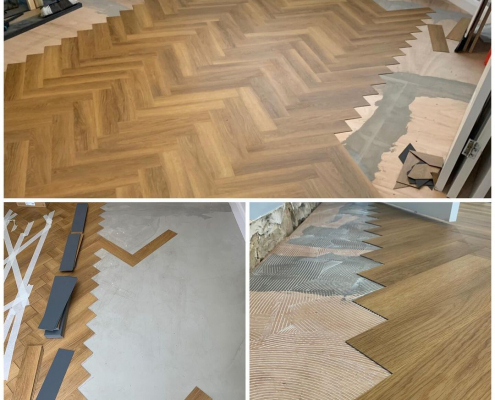 Montage of herringbone LVT installation showing plywood subfloor, concrete base and adhesive preparation in Surrey home