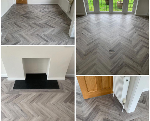 Montage of light grey herringbone LVT flooring with border in open plan living areas Redhill Surrey