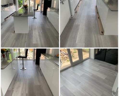 Montage of grey ash plank LVT flooring installation in contemporary kitchen with island and garden view