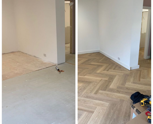 Before and after flooring installation in Surrey showing two different subfloor types prepared and finished with oak herringbone LVT