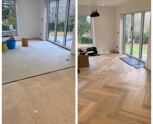 Before and after Surrey dining area with concrete subfloor replaced by oak herringbone LVT flooring leading to bifold doors and garden view