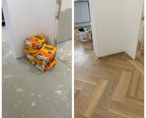 Before and after hallway flooring installation in Surrey showing concrete subfloor transformed with oak herringbone LVT flooring
