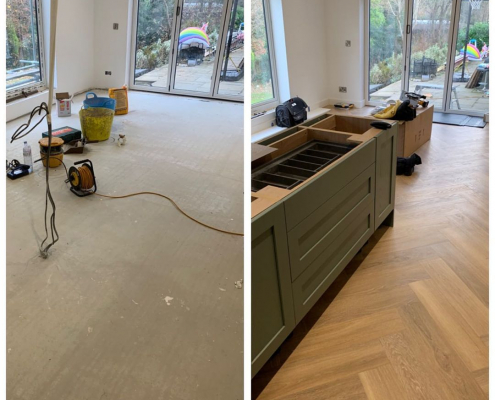 Before and after kitchen diner extension in Surrey showing concrete subfloor transformed with warm oak large parquet herringbone LVT flooring leading to bifold doors and garden