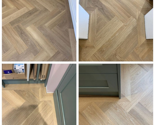 Close-ups of bordered oak parquet herringbone LVT flooring pattern installed in Surrey kitchen extension