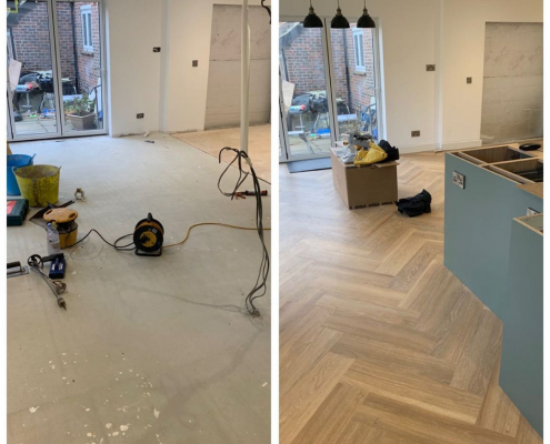 Before and after dining area in Surrey extension with concrete subfloor replaced by fitted oak herringbone LVT flooring with view to patio
