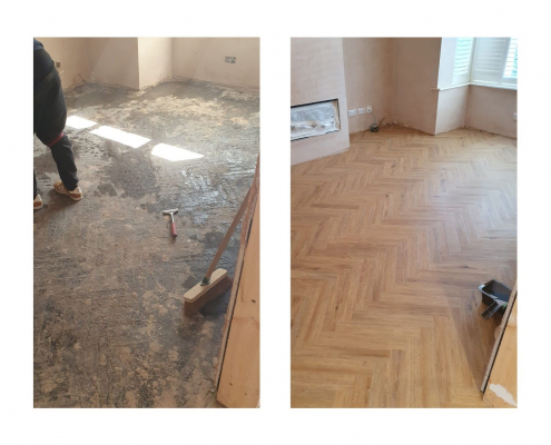 Side by side comparison of concrete subfloor and finished Project Floors warm oak herringbone LVT flooring in a Surrey living room