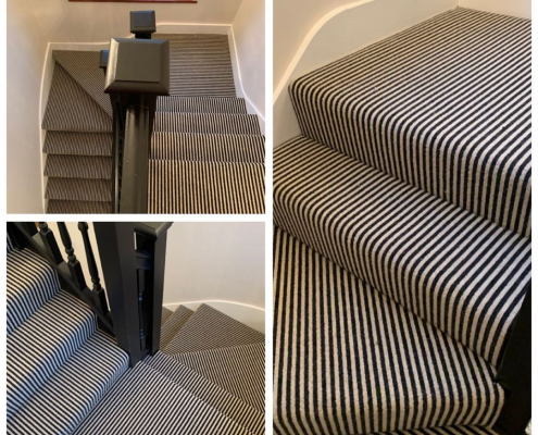 Montage of a black and white striped wool-mix Berber carpet installation showing the top of stairs, return landing, and curved step detail, styled with white walls and black railings in a Redhill, Surrey home.