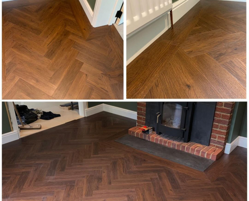 Montage of Amtico Spacia Black Walnut herringbone LVT flooring installation in Redhill living room