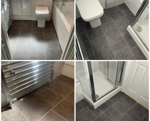 Montage of graphite stone effect LVT flooring installation in Redhill bathroom