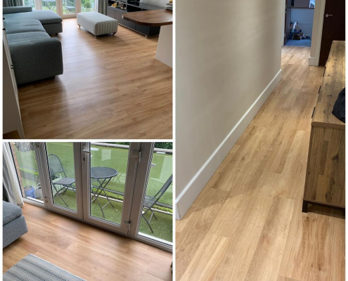 Montage of lounge and hallway with Karndean French Oak plank LVT flooring in Surrey apartment