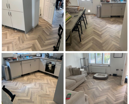 Finished lounge, kitchen, dining area and hallway with lime washed oak herringbone LVT flooring in Surrey