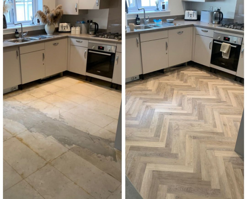 Before and after of open plan kitchen with lime washed oak herringbone luxury vinyl flooring in Bletchingley