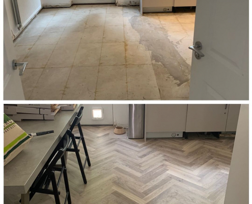 Open plan kitchen diner before and after with lime washed oak herringbone luxury vinyl flooring in Surrey