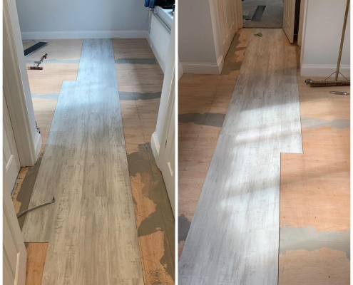 Whitewashed grey oak LVT plank flooring installation over plywood subfloor in Chipstead Surrey spare room shown from two angles