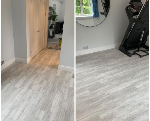 Finished whitewashed grey oak LVT flooring in Chipstead Surrey spare room gym with running machine, mirror, wardrobe and ensuite entrance shown from two angles