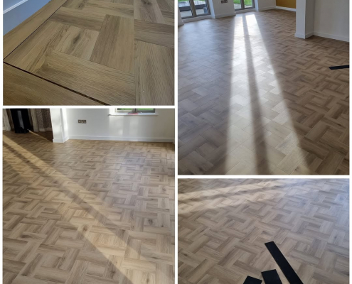 Montage of Reigate living room with Amtico Signature Wild Walnut and Cornish Oak basket weave LVT flooring and border