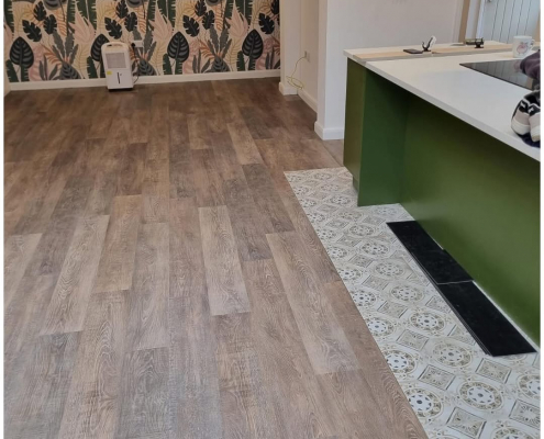 Dining area of Surrey kitchen-diner with wide plank oak LVT flooring