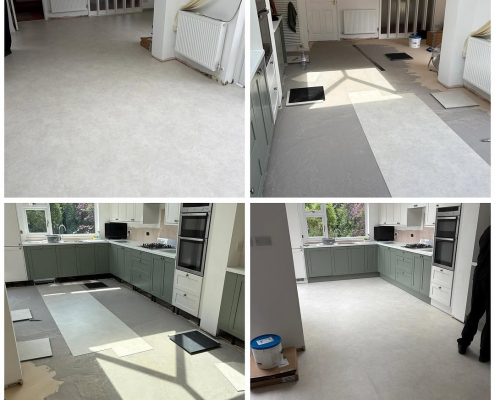 Four images showing installation and finished light stone LVT flooring in a Surrey kitchen-diner