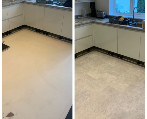 Surrey kitchen before and after showing cement stone-effect LVT installation over tiles, third angle