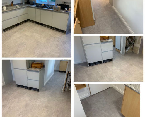 Montage of five images showing finished cement stone-effect LVT flooring in a Surrey kitchen
