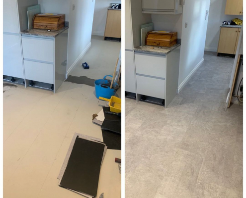 Surrey kitchen before and after with cement stone-effect LVT over ceramic tiles, second angle