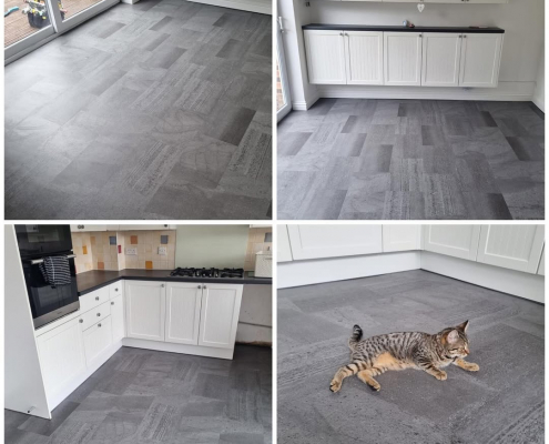 Four views showing mid-grey stone-effect LVT flooring in a Redhill kitchen-diner