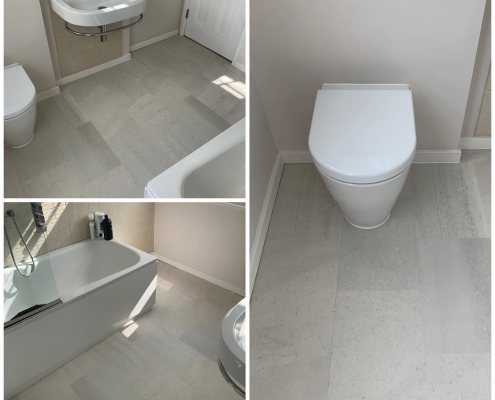 Montage of three images showing light grey stone-effect LVT flooring in a Surrey bathroom