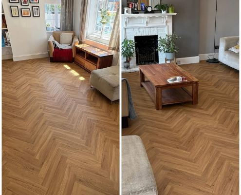 Two views of a Surrey living room with finished oak herringbone LVT flooring installed