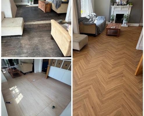 Surrey living room showing before carpets removed, plywood subfloor, and finished warm oak herringbone LVT flooring