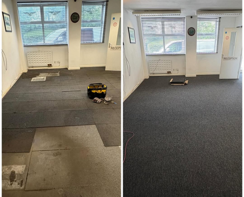 Redhill office showing before and after installation of dark grey carpet tiles”