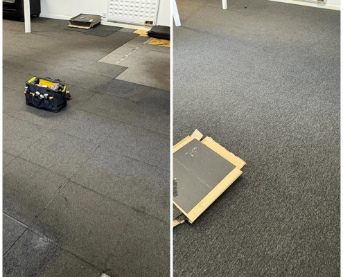 edhill office showing before and after installation of dark grey carpet tiles