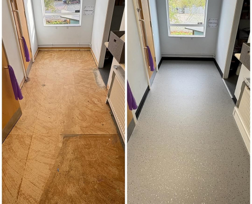 School corridor showing before and after of subfloor and safety flooring installation