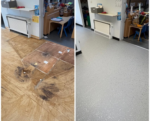 School corridor showing subfloor and safety flooring before and after installation