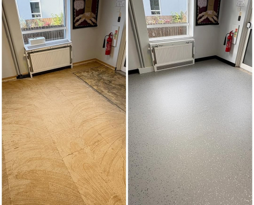 Classroom showing before and after of subfloor preparation and grey safety flooring installation