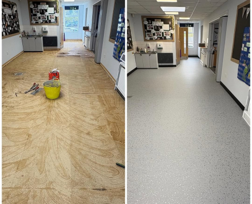 School corridor showing before and after installation of safety flooring