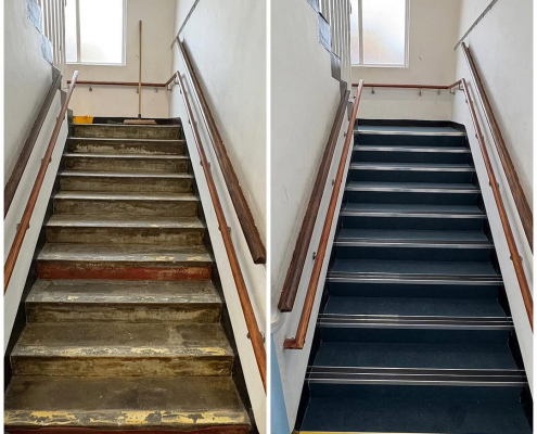 School stairs before and after with new blue carpet and nosing