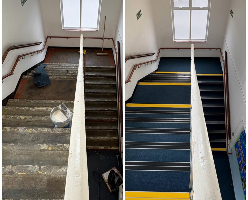 Before and after school stairwell blue carpet and nosing