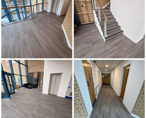 Grey oak effect LVT flooring fitted throughout a commercial building in Kent.