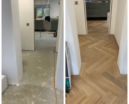 Hallway with large herringbone LVT and border Hallway before and after flooring installation in Surrey showing concrete subfloor replaced with large parquet herringbone LVT and border detail