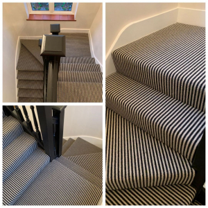 Stairs with black and white stripe berber carpet Montage of a black and white striped wool-mix Berber carpet installation showing the top of stairs, return landing, and curved step detail, styled with white walls and black railings in a Redhill, Surrey home.