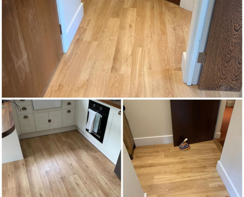 Overview of French Oak LVT installation Montage of French Oak LVT flooring in kitchen and hallway areas of Surrey apartment