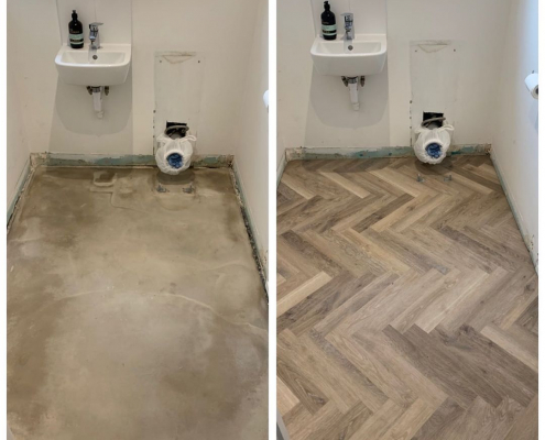 Cloakroom oak herringbone LVT before and after Cloakroom before and after with lime washed oak herringbone LVT flooring installation in Bletchingley Surrey