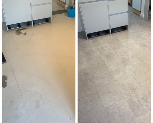 Kitchen stone effect LVT installation before and after Surrey kitchen before and after showing cement stone-effect LVT installed over ceramic tiles
