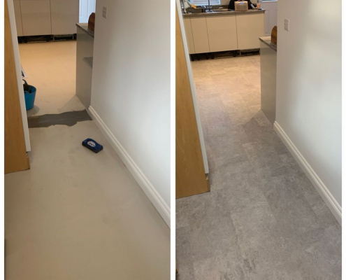 Kitchen entrance stone LVT installation before and after Surrey kitchen entrance before and after with cement stone-effect LVT installed over ceramic tiles