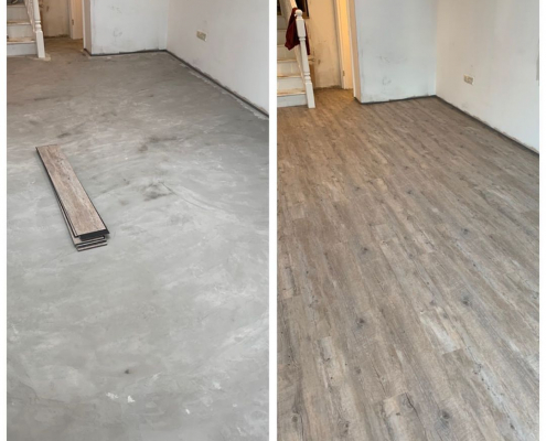 Living area LVT installation before and after Reigate living area before and after showing latex subfloor prep and finished oak-effect LVT flooring