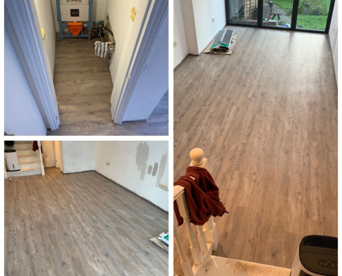 Rustic oak effect LVT installation Reigate living area and cloakroom with rustic oak LVT flooring installed