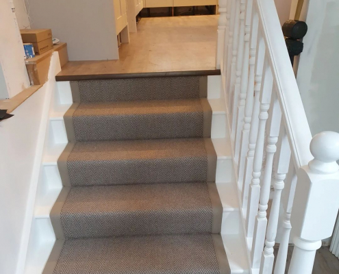 Herringbone stair runner installation Reigate kitchen stairs with herringbone wool carpet runner